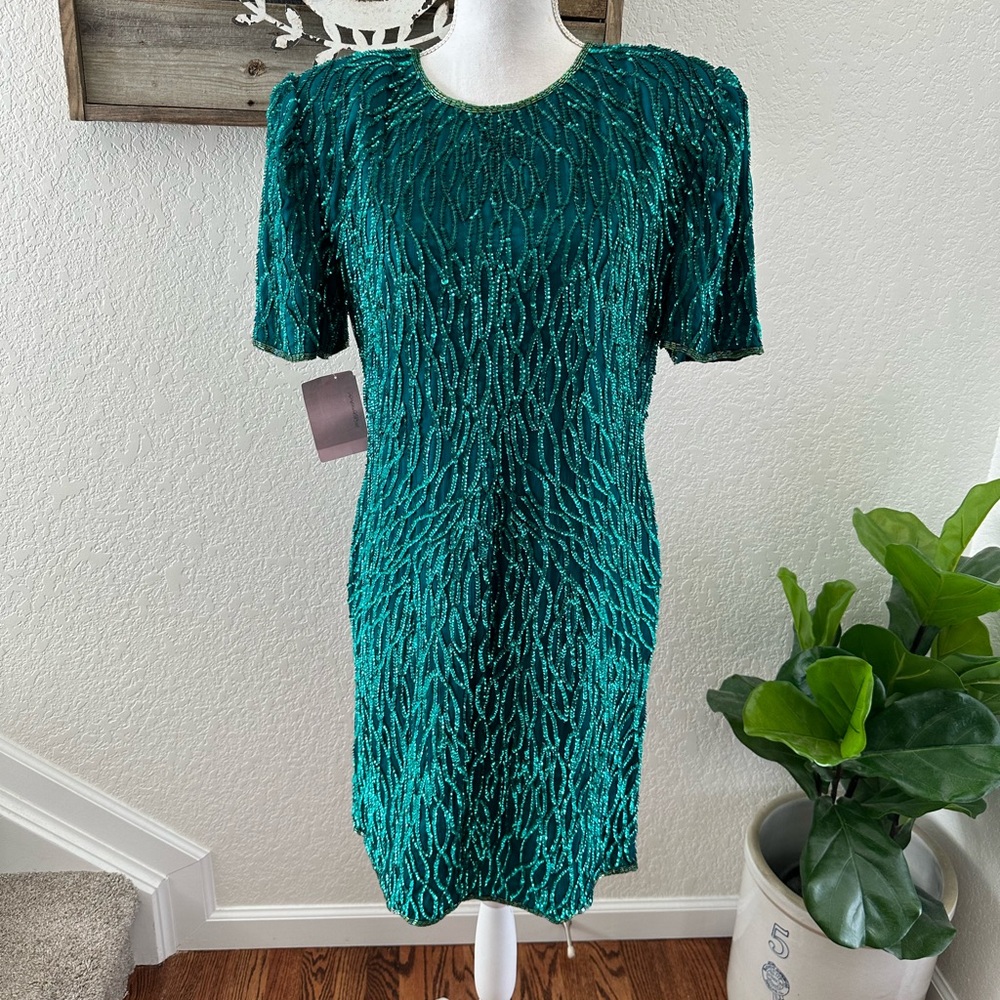 VTG Laurence Kazar 100% silk teal green sequin cocktail party dress ladies L NWT